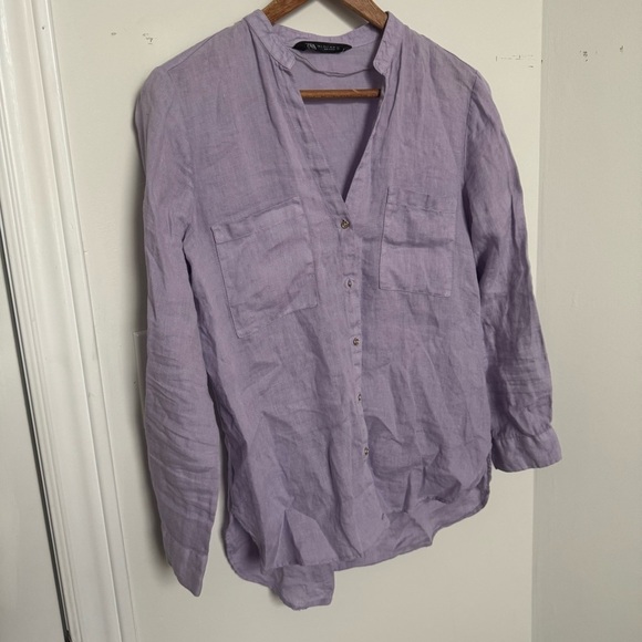 Zara Lavender 100% Linen Blouse boho beachy summer S - Picture 2 of 6
